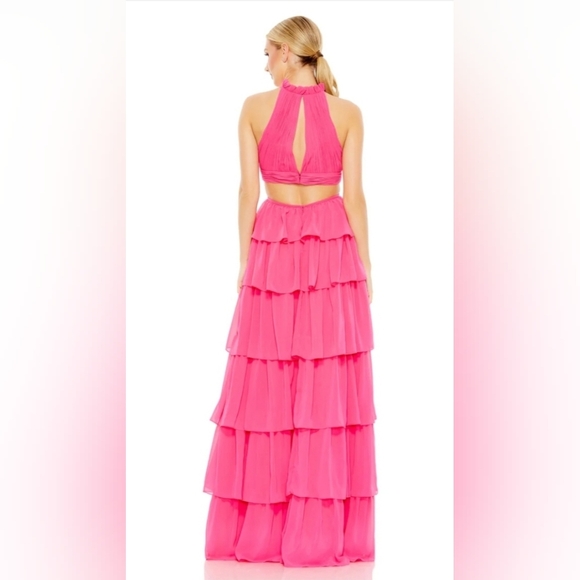 Ieena for Mac Duggal,  Tiered Ruffle Pleated High Neck Gown, HotPink, Size 6,NWT - Picture 2 of 16